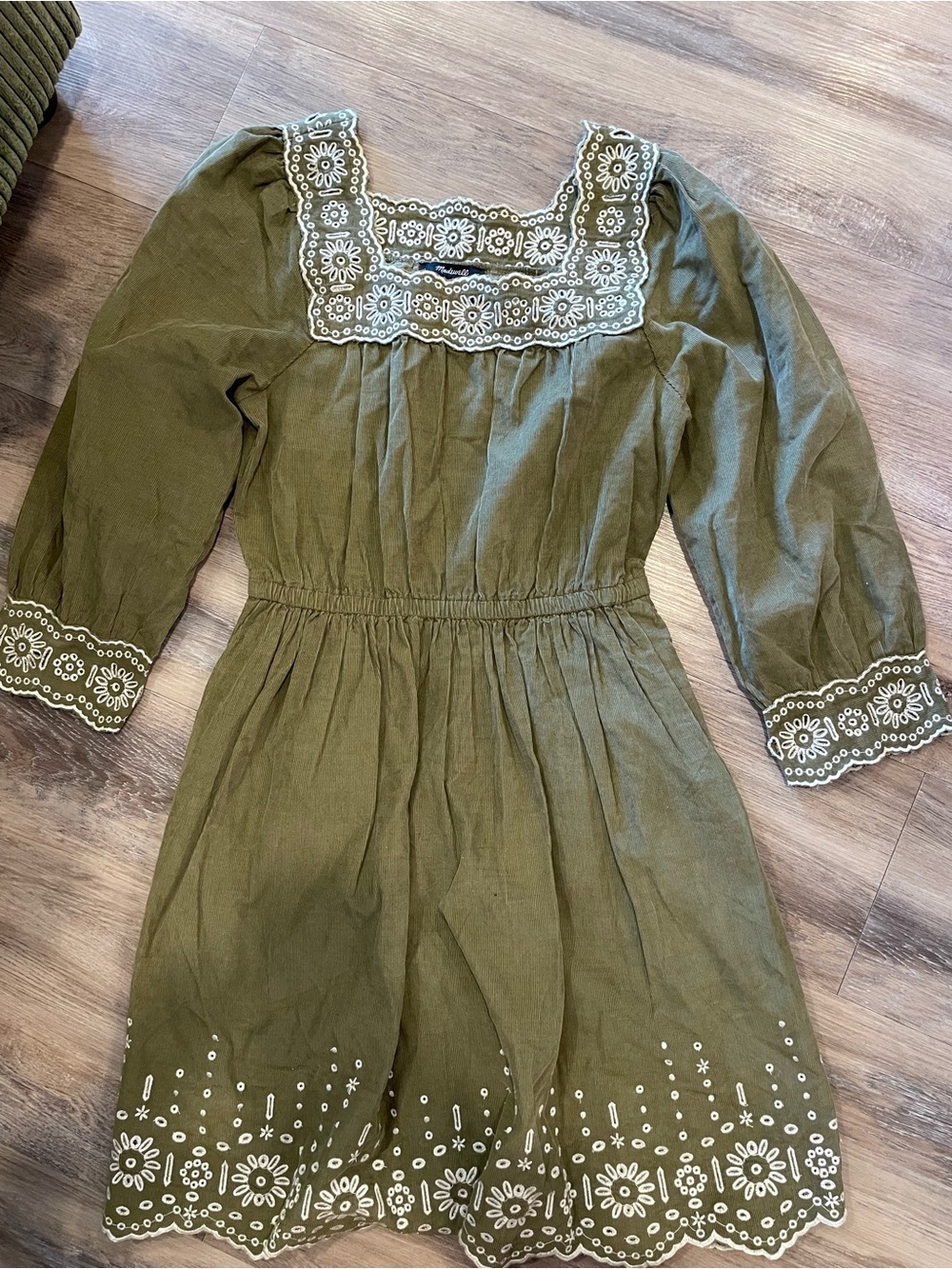 Madewell Olive Green Long-Sleeve Embroidered Cotton Dress